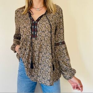 Alchemy Thread Tan And Blue Paisley Boho Babydoll Tassel Tie Peasant Blouse Top